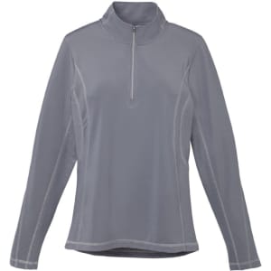 A grey women's quarter zip jumper featuring long sleeves and a subtle branding logo.