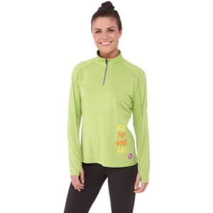 A women's quarter-zip jumper in bright green, featuring a logo and text on the side.