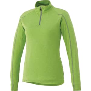 A vibrant green women's quarter zip knit jumper featuring long sleeves and a zip collar, with contrasting stitching.
