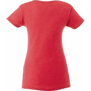 A red short sleeve women's t-shirt with a simple design and a logo on the back.