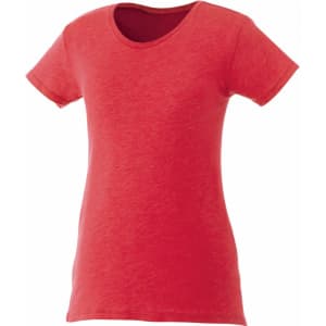 A red short sleeve women's T-shirt with a scoop neckline and a fitted silhouette. It features a logo.