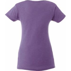 A purple women's short sleeve tee with a simple design and a logo on the back.