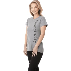 A women's short sleeve tee in grey, featuring a vertical logo on the side and a fitted design.