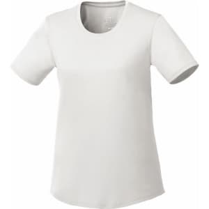 A women's short sleeve tech tee in white, featuring a round neckline and a branding logo.