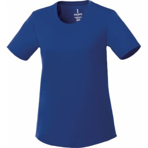 A blue short sleeve tech tee for women with a round neck and a brand logo on the label.