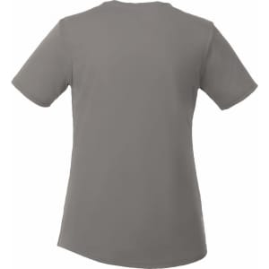 A grey women's short sleeve tech tee with a relaxed fit, featuring a subtle logo on the back.