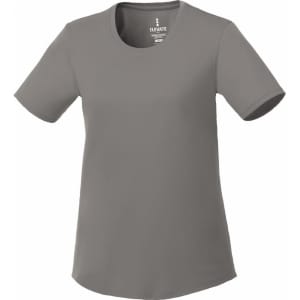 A women's short sleeve tech tee in a light grey colour, featuring a round neckline and a logo.