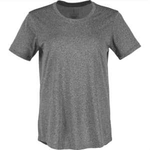 A grey short sleeve tech tee for women, featuring a round neckline and a subtle logo.