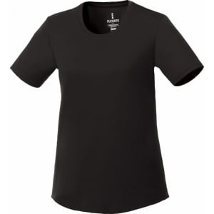 A black short sleeve tech tee for women with a round neckline and a logo on the label.
