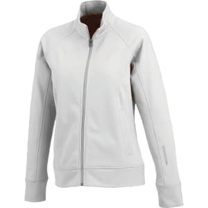 A light grey women's knit jacket with a zip, side pockets, and a collar, featuring a logo on the sleeve.