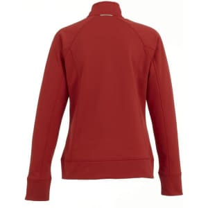 A red women's knit jacket with a high collar and long sleeves, featuring a logo on the back.