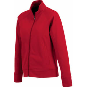 A red women's knit jacket with a zip front and two side pockets, featuring a high collar and long sleeves.