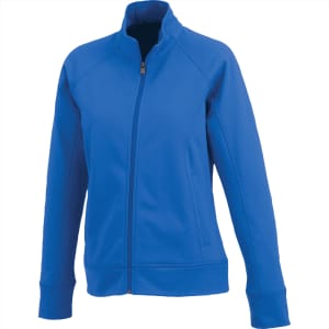 A women's jacket in bright blue, featuring a zip-up front and a collar, with branding on the fabric.