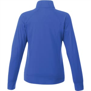 A women's knit jacket in vibrant blue, featuring a high collar and long sleeves, with a logo on the back.