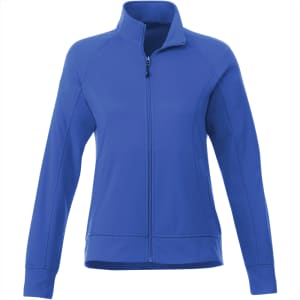 A women's jacket in a vibrant blue colour, featuring a zippered front and a collar. It includes a logo.