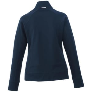 A women's knit jacket in navy blue with a high collar and long sleeves. It has a logo on the back.