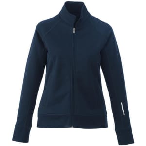 A women's knit jacket in navy blue with a zip front and a logo on the sleeve. Features long sleeves and a stand collar.