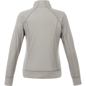 A grey women's knit jacket with a high collar and long sleeves, featuring a logo.