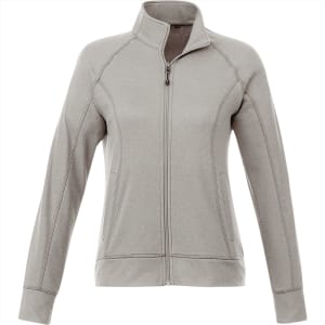 A women's knit jacket in light grey with a zip-up front and a stand-up collar. Features include long sleeves and a logo.