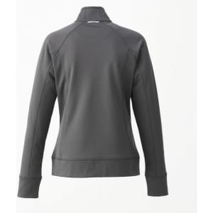 A women's knit jacket in a dark grey colour, featuring a high collar and long sleeves. It has a logo on the back.