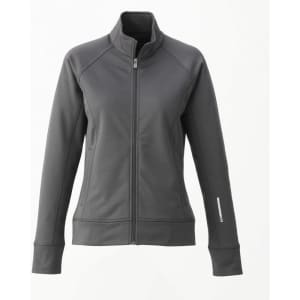 A women's jacket in dark grey featuring a zip front. The design includes a standing collar and a logo.