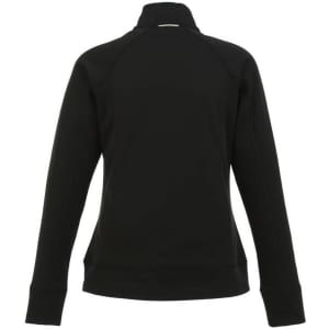 A women's Okapi Knit Jacket in black, featuring a high collar and long sleeves, with a logo on the back.