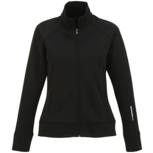 A women's black knit jacket with a high collar and zip front, featuring side pockets and a logo.