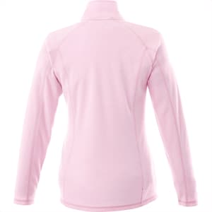 A pink women's polar fleece jacket featuring a high collar and long sleeves, with a logo on the back.