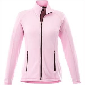 A women's polar fleece jacket in soft pink, featuring a full zip and two front pockets. It has a logo on the chest.
