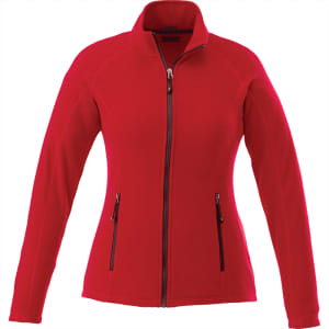 A red women's polyfleece jacket featuring a zip front and two side pockets, with a logo on the chest.