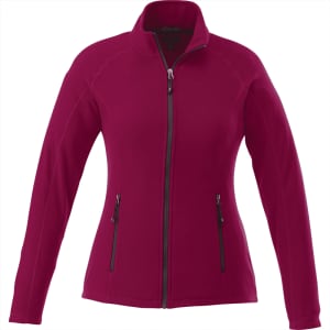 A women's polyfleece jacket in a vibrant magenta, featuring a zip front and side pockets. It has a small logo.