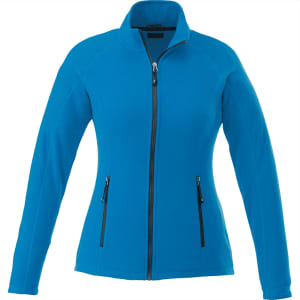 A women's polar fleece jacket in bright blue with a zip front and side pockets. It has branding on the collar.