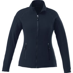 A women's navy polyfleece jacket with a zip front, featuring two side pockets and a logo on the chest.