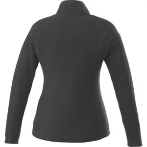 A women's Rixford polyfleece jacket in black, featuring a high collar and long sleeves, with a branding logo.