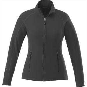 A women's polyfleece jacket in dark grey, featuring a zip front and two zippered pockets.