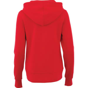 Red women's fleece zip hoody with a hood, featuring long sleeves and a solid design. It has a logo.