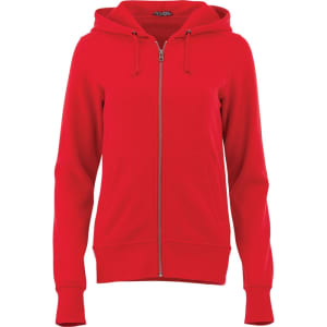 A red fleece zip hoody for women, featuring a front zipper and a hood, with a logo on the garment.