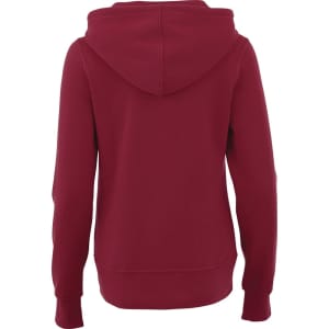 A women's hoodie in a deep red colour, featuring a hood and long sleeves. It has a logo on the back.