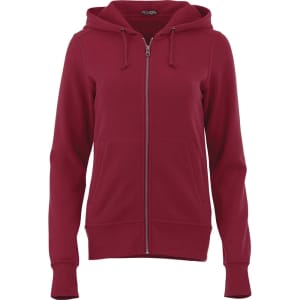 A women's zip-up hoodie in a deep red colour, featuring a hood and pockets, with a branding logo.