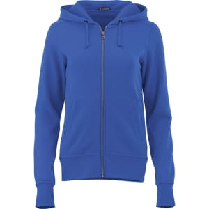 A women's zip-up hoodie in a vibrant blue colour, featuring a hood and front pockets. It has a branding logo.