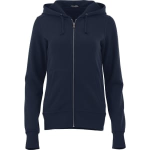 A women's navy fleece zip hoodie featuring a front zip, kangaroo pockets, and a hood. Includes a logo.