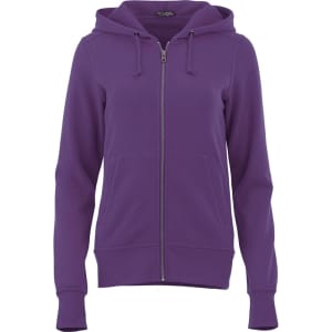 A women's purple fleece zip hoody with a front zipper and a hood, featuring pockets and a logo.