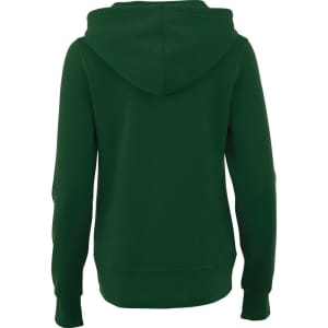 A women's green fleece zip hoodie with a hood and long sleeves, featuring a logo on the back.