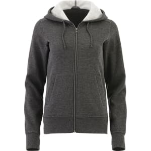 A women's grey fleece zip hoodie with a contrasting light grey hood, featuring a zipper and pockets.