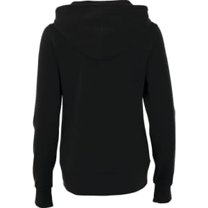 A black women's fleece zip hoodie with a hood and long sleeves, featuring a subtle logo on the back.