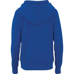 A blue women's fleece hoody with a hood and long sleeves, featuring a logo on the back.