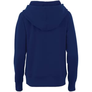 A navy blue women's fleece hoody featuring a hood and long sleeves. It has a logo on the design.