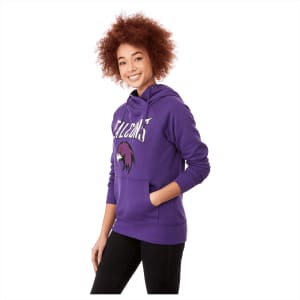 A women's fleece hoody in purple with a front pocket and a logo.