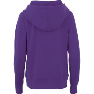 A women's purple fleece hoodie with a hood and ribbed cuffs. Features a logo on the back.