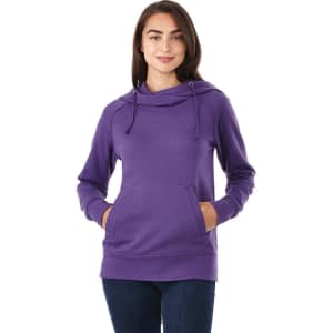 A women's purple fleece hoody with a hood and front pocket, featuring a logo.